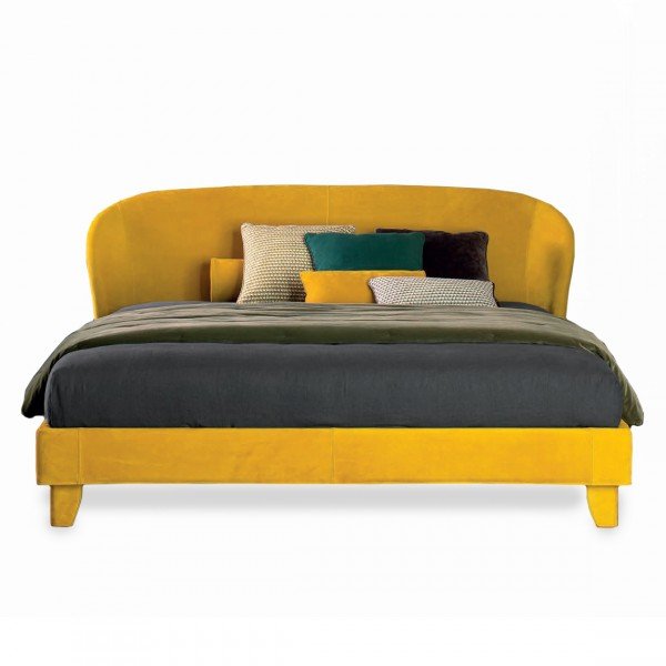 Lit design Carnaby pour adulte jaune sixties au style enveloppant et gainé de cuir