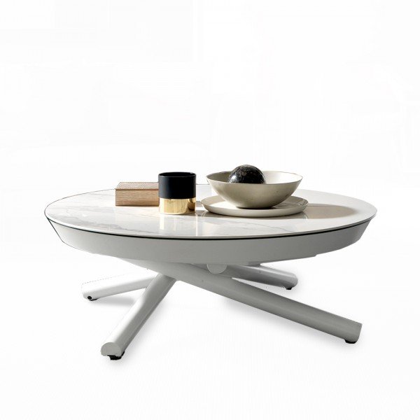 Table basse relevable ronde Phebus avec plateau céramique version marbre
