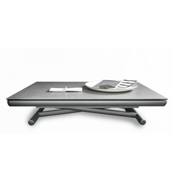 Table basse relevable avec plateau en céramique gris au toucher velouté