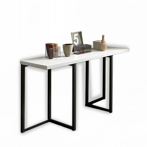 Table console extensible design Graphique finition effet béton blanc et piètement métal noir