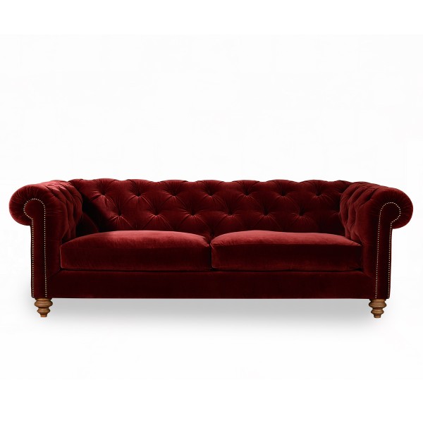 Canapé Chesterfield Lille en velours Dahlia Red Oscar de fabrication traditionnelle artisanale