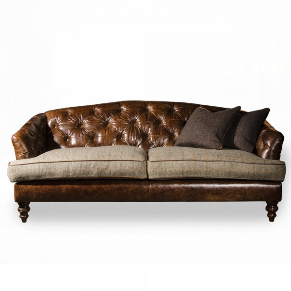 Canapé cuir et tissu Lorient style Chesterfield avec revêtement en cuir et assise en tweed