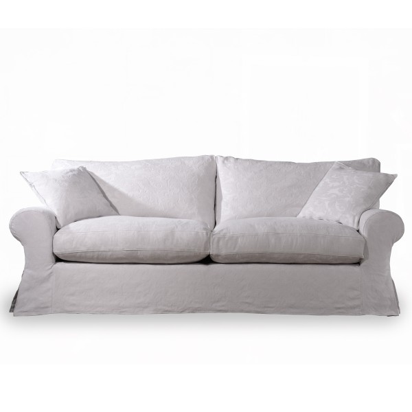 Canapé confort Beaumarchais avec revêtement blanc aux motifs damassés raffinés esprit floral