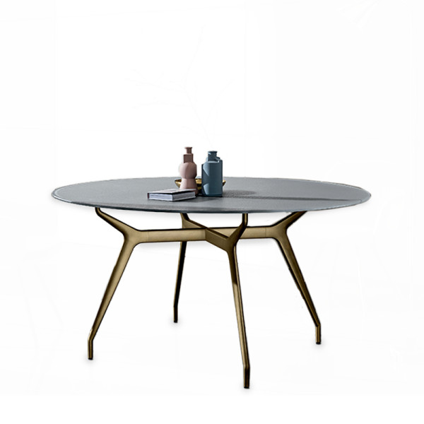 Table ronde Versailles 4 pieds avec plateau en verre texturé finition miroir Extralight et piètement en aluminium teinte métal bruni
