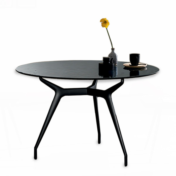 Table ronde Versailles 3 pieds avec piètement en aluminium et plateau en verre texturé fumé
