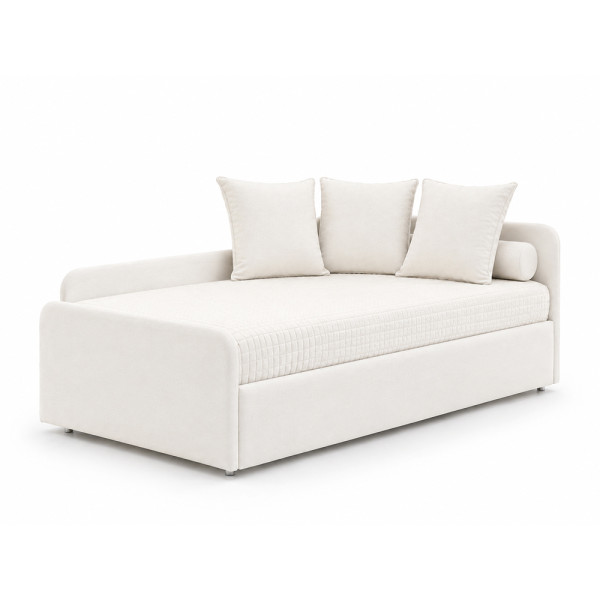 Lit gigogne Paris en tissu clair configuré en canapé avec panneaux interchangeables